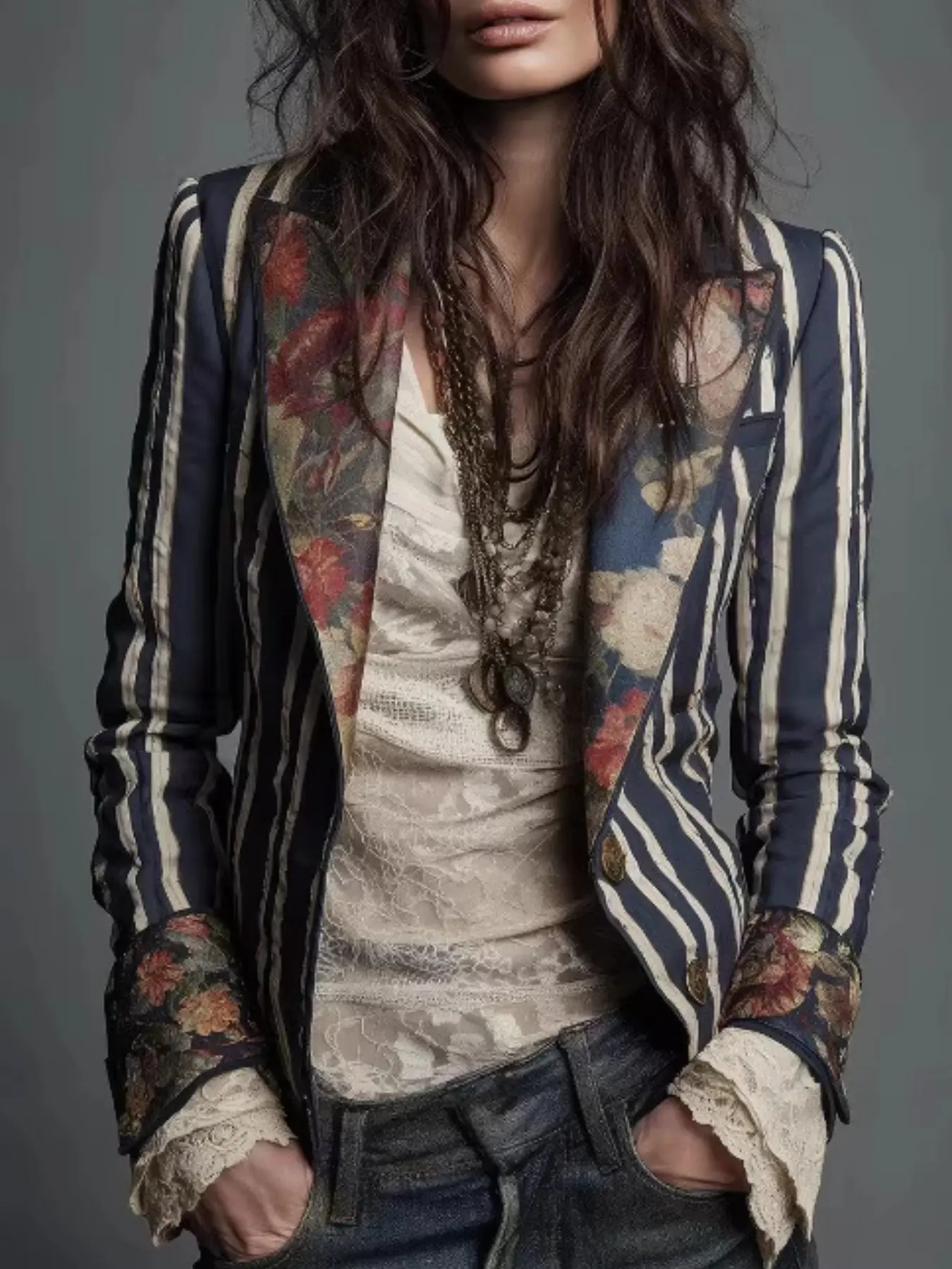 Women's Boho Bohemian Print Colorblock Striped Long Sleeve Top, Summer Fall 2026 New Arrival, Trendy Western Chic Style Jacket Coats