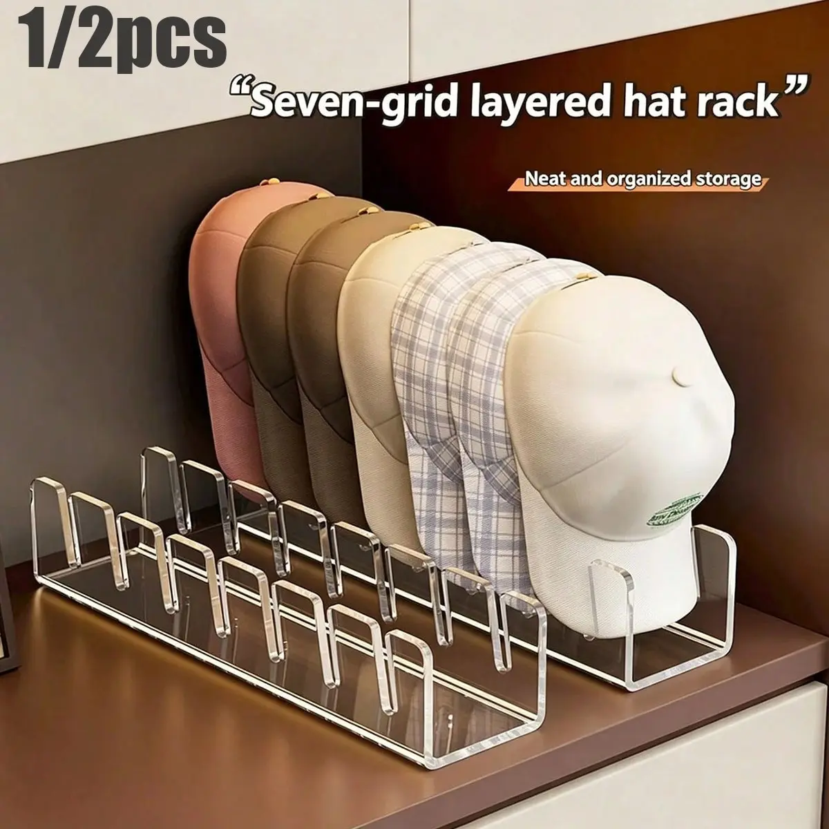 Acrylic Baseball Hat Display Rack, Holds 14 Hats, Transparent, Ideal for Bedroom, Closet, Vanity, 1/2 Piece Set