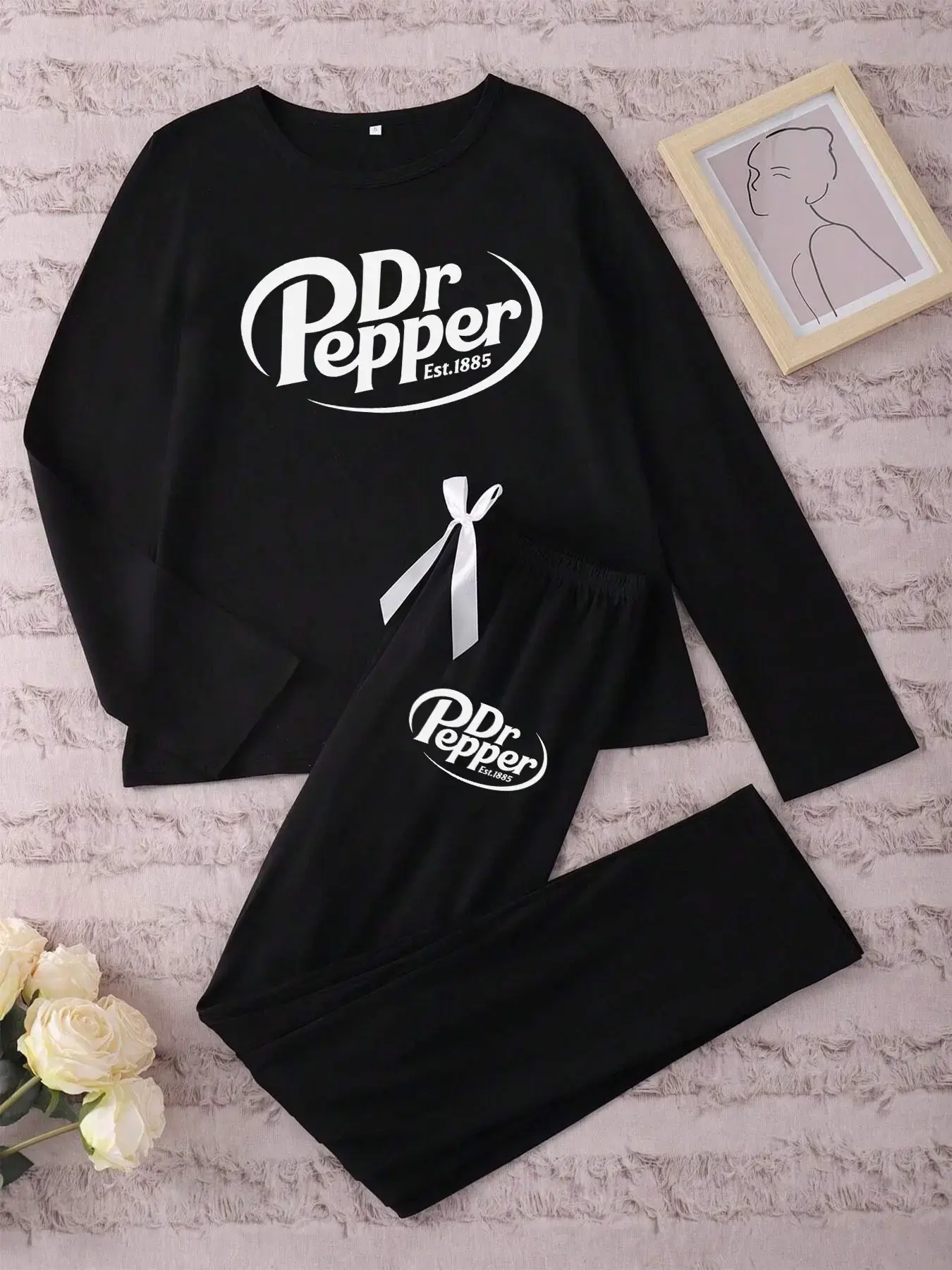 Women's Long Sleeve Long Pants Pajama Set Pjs with Pepper Doctor Logo Print, Fitted Casual Sleepwear for Spring & Fall, Stylish Cozy Loungewear Womenswear Pyjamas Set Casual Nightwear