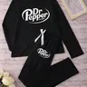 Women's Long Sleeve Long Pants Pajama Set Pjs with Pepper Doctor Logo Print, Fitted Casual Sleepwear for Spring & Fall, Stylish Cozy Loungewear Womenswear Casual Nightwear, Pj Sets