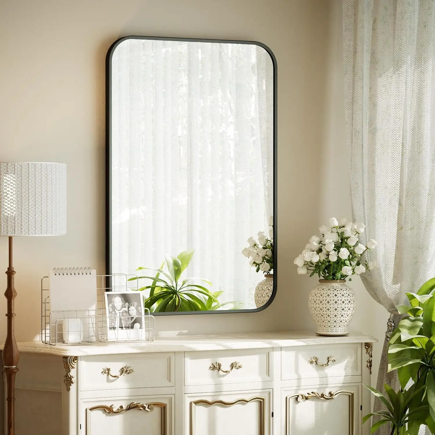 20" x 28" Rectangular  Alloy Frame Wall Mounted Bathroom Mirror with Rounded Corners, Black |  Alloy Frame with Rounded Corners