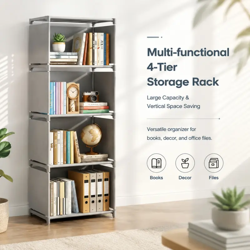 4-Tier Multi-Functional Storage Rack - Large Capacity Vertical Space-Saving Organizer for Books, Decor & Office Files, Bookshelf Rack