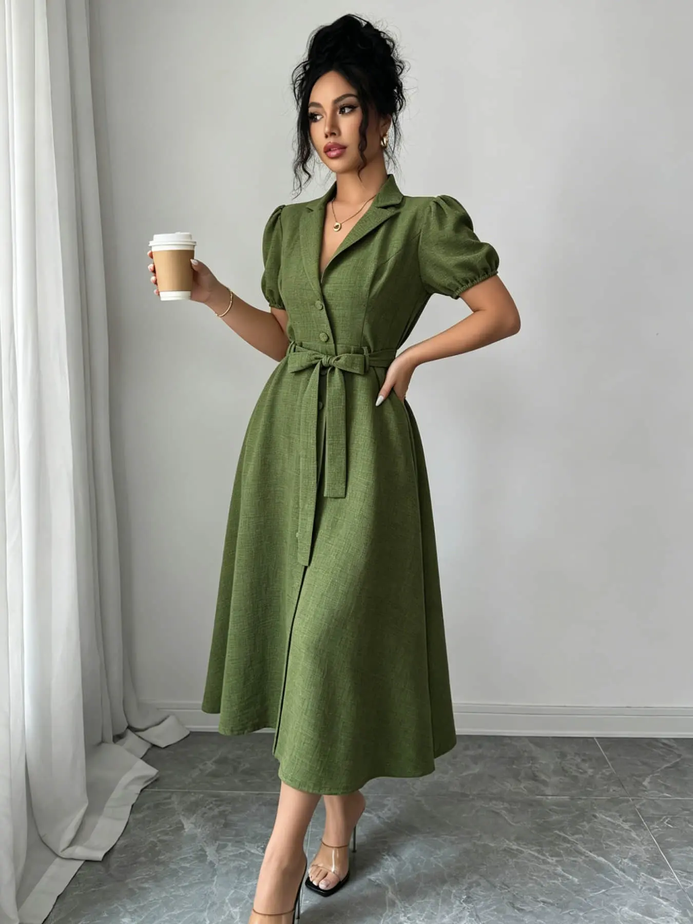 One piece French commuter style dark green suit collar dress with bubble short sleeves, waist cinching straps, breasted mid length skirt, workplace dating and vacation outfit