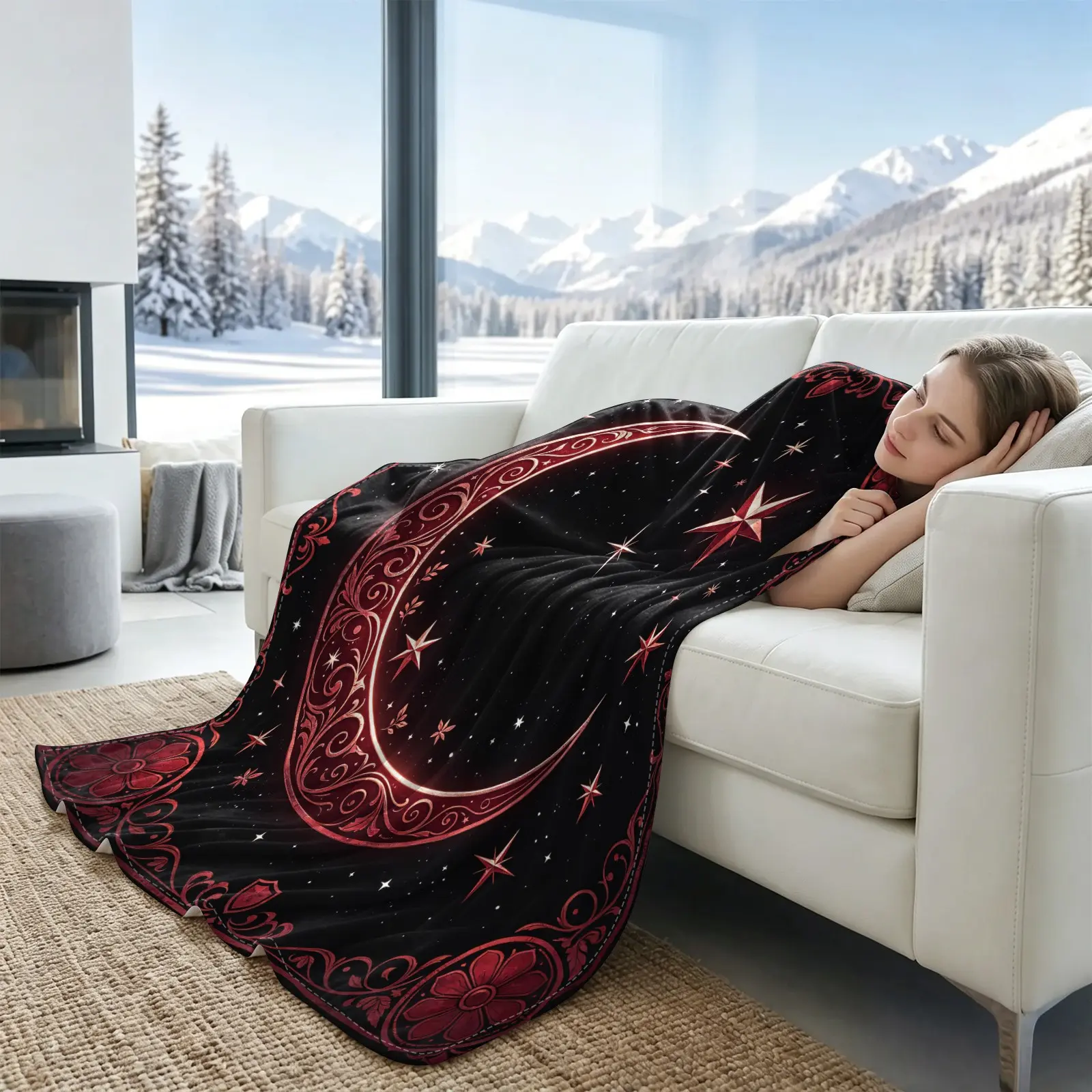Mystical Celestial Cooling Blanket with Red Vintage Floral Moon Star Print, Arc-Chill Icy Touch Lightweight Multi-Functional Summer Throw, Printed Blankets, Witchy Summer Vibes Astrology Gift for Sofa Office Nap Travel Camping
