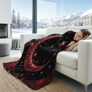 Mystical Celestial Cooling Blanket with Red Vintage Floral Moon Star Print, Arc-Chill Icy Touch Lightweight Multi-Functional Summer Throw, Witchy Summer Vibes Astrology Gift for Sofa Office Nap Travel Camping