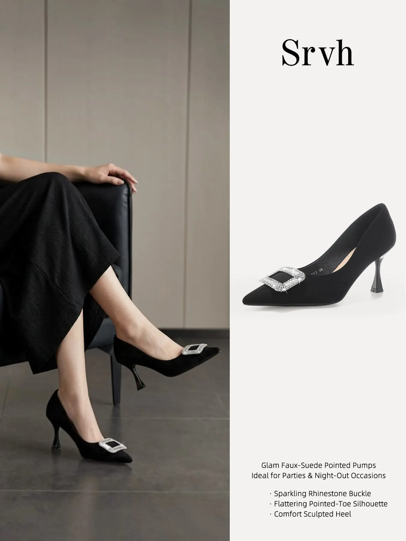 Women's Pointed Toe Faux Suede Pumps, High Heels, Rhinestone Square Buckle Flared Heel, Evening Party Wedding Guest Heels
