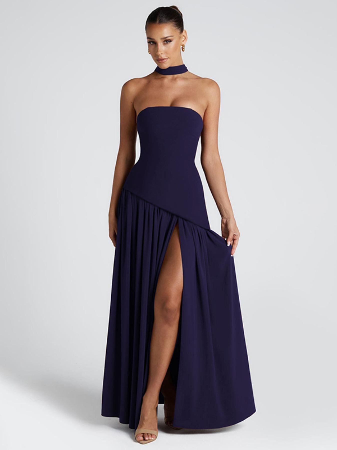 Women's Plain Split Thigh Body Con Tube Dress with Scarf, Elegant Strapless Dress for Party Club Beach Vacation, Ladies Clothes for All Seasons, Bodycon Party Dress Women's Plain Split Thigh Body Con Tube Dress with Scarf, Elegant Strapless Dress for Party Club Beach Vacation, Ladies Clothes for All Seasons, Bodycon Party Dress