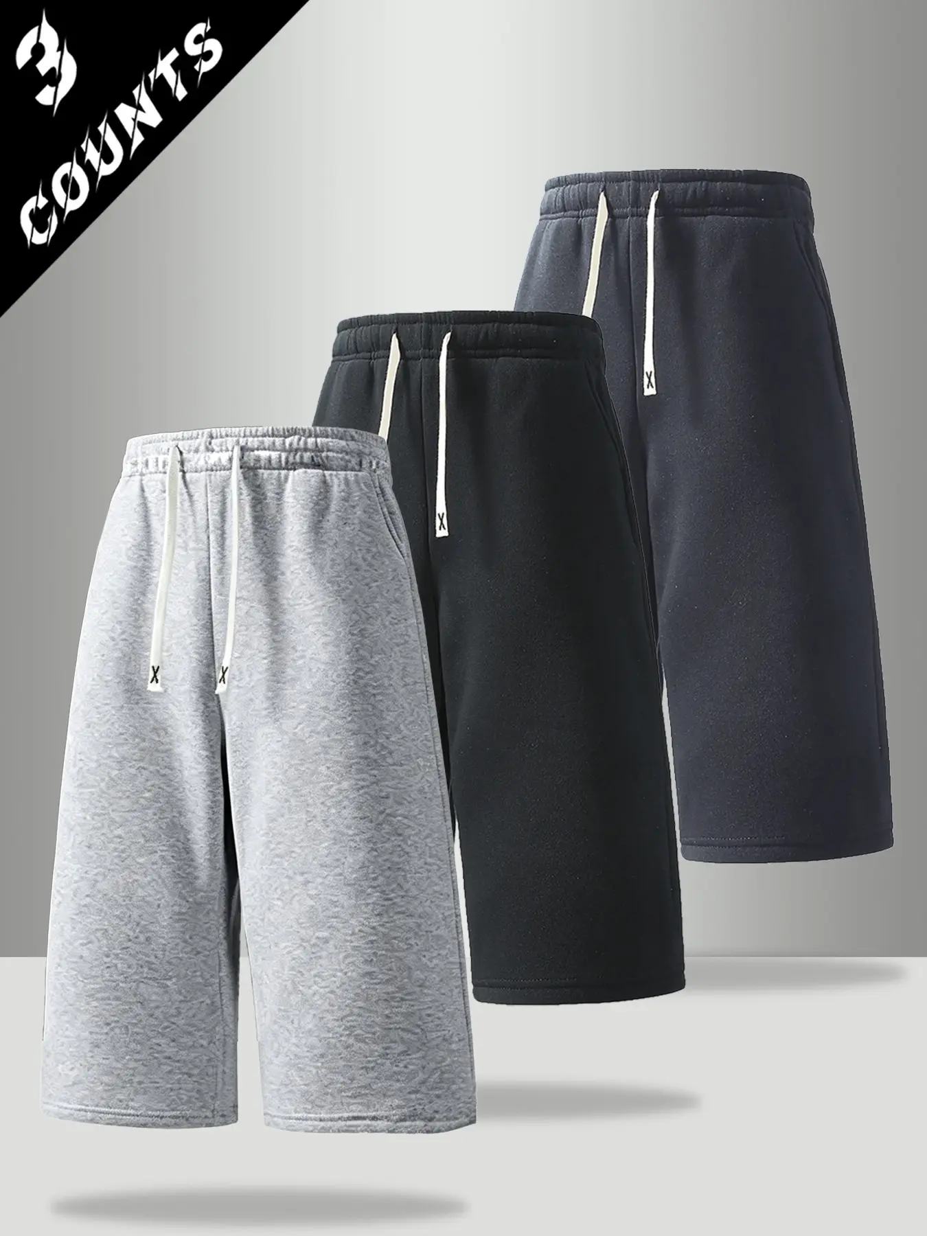 3 Counts Men Casual Drawstring Wide Leg Cropped Capri Sweat Pants, Casual Fashion Sweatpants, Light Gray Black Dark Gray Solid Loose Calf-Length Jersey Trousers with Side Pockets for Daily Wear