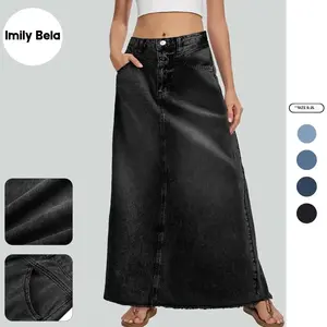 Imily Bela Women's Vintage High Waist A Line Denim Maxi Skirt, Casual Frayed Hem Jean Skirt with Pockets Imily Bela Women's Vintage High Waist A Line Denim Maxi Skirt, Casual Frayed Hem Jean Skirt with Pockets