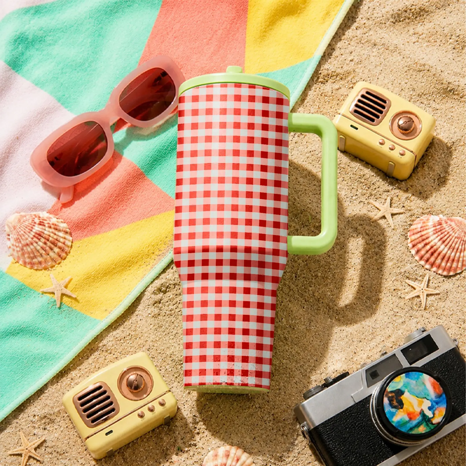 1PC Cherry Picnic 40oz Tumbler, Red Gingham Cup with Handle and Straw, Stainless Steel Insulated Water Bottle, Leakproof Travel Mug, Car Cup Holder Friendly, Cute Aesthetic Summer Cup for Women, Picnic, Beach, Gym & Everyday Hydration