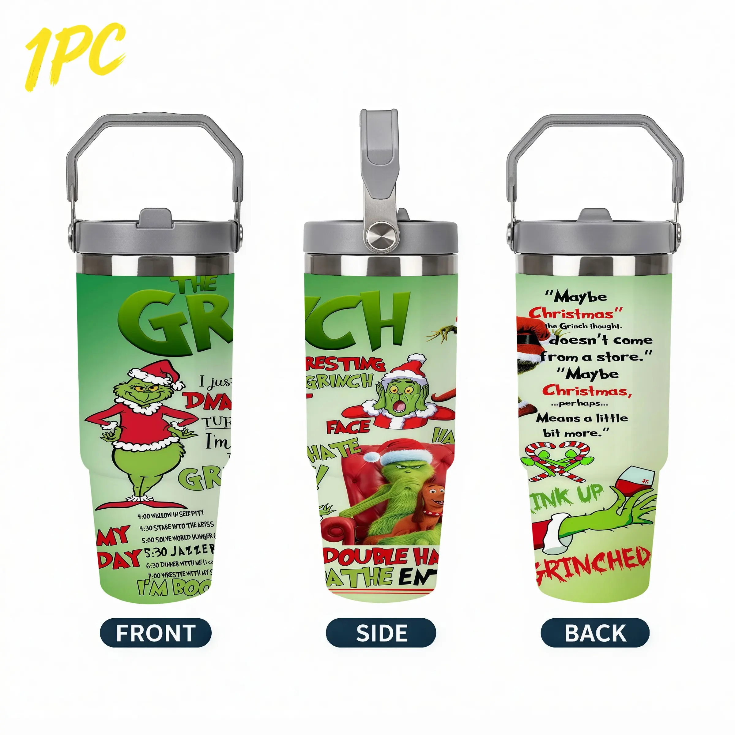1pc 30oz 900ml 304 Stainless Steel Tumbler, Grinch Sarcastic Holiday Phrases Cartoon Character Art Design, Fun Christmas Season Fan Gift Tumbler With Carry Flip Lid