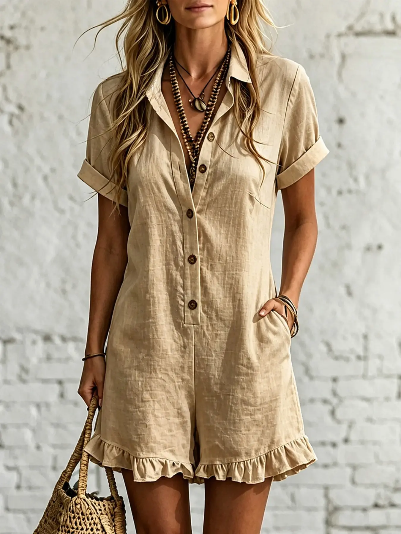 Women's Summer Casual Romper Outfit, Collared Short Sleeve Button Front Design, Leaf Hemline & Pocket Detail, Ideal for Daily Wear & Travel