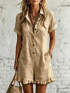 Women's Summer Casual Romper, Short Sleeve Button Front Design, Leaf Hemline & Pocket Detail, Ideal for Daily Wear & Travel