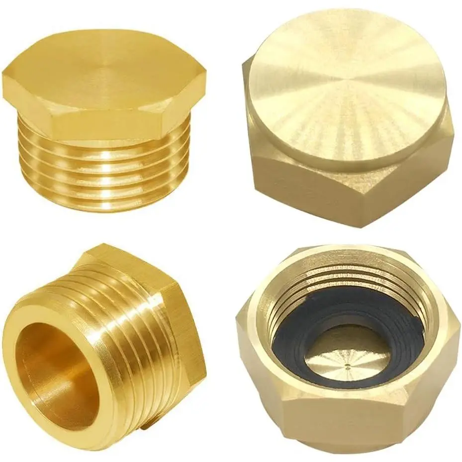 Outdoor Brass Garden Hose Caps & Plugs Kit - 2-Count 3/4" GHT Female Caps, 2-Count 3/4" GHT Male Plugs, Hex Fittings with Washers for Watering Pipes to Block Flow, Kit Set