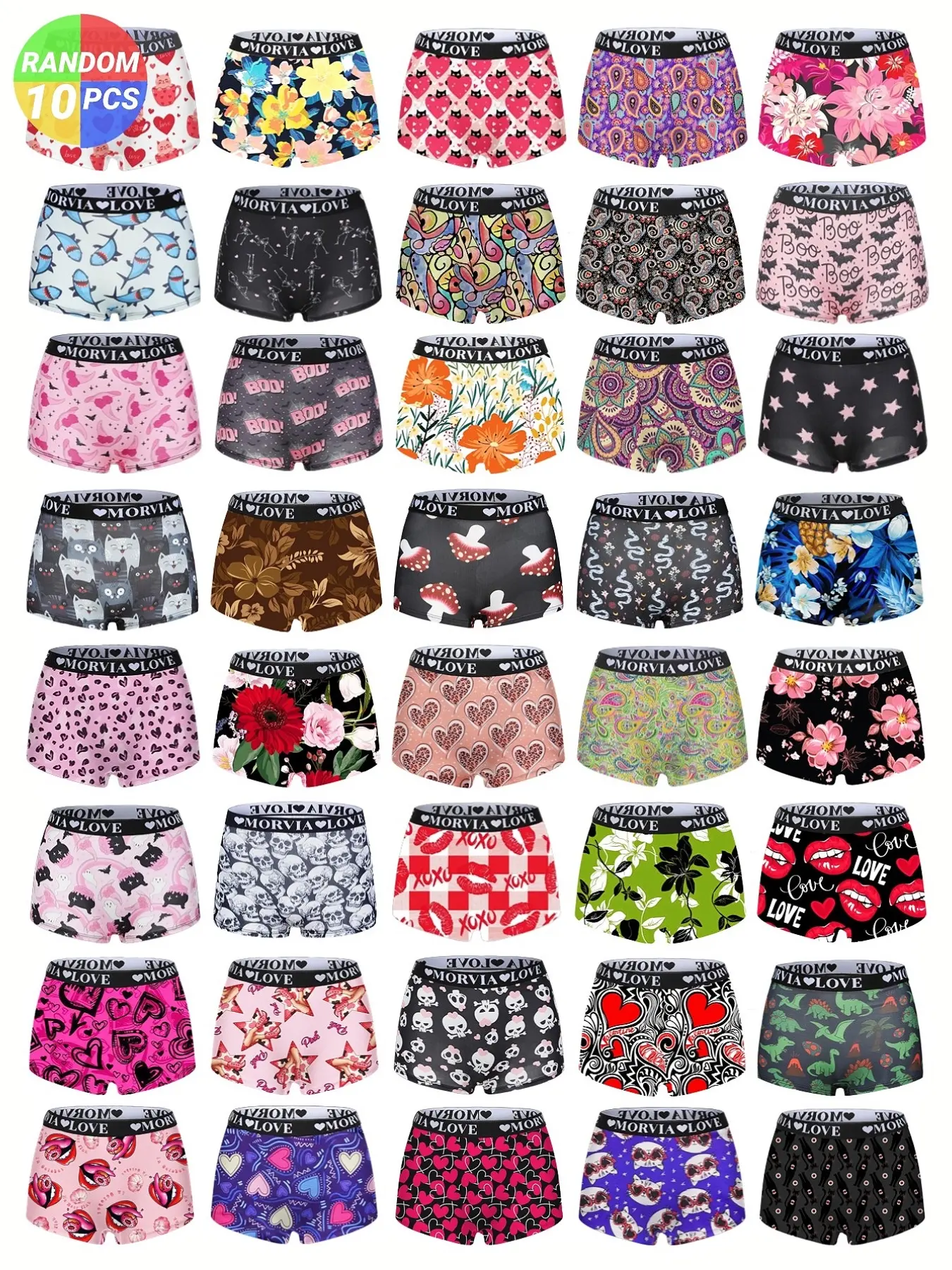 Women's 10-Pack Random Cartoon Printed Daily Casual Elastic Underwear, Soft Comfortable Fitted Panties, Elastic Waistband, All-Season Wear, Random Blind Box Pack, Soft Stretch Underwear