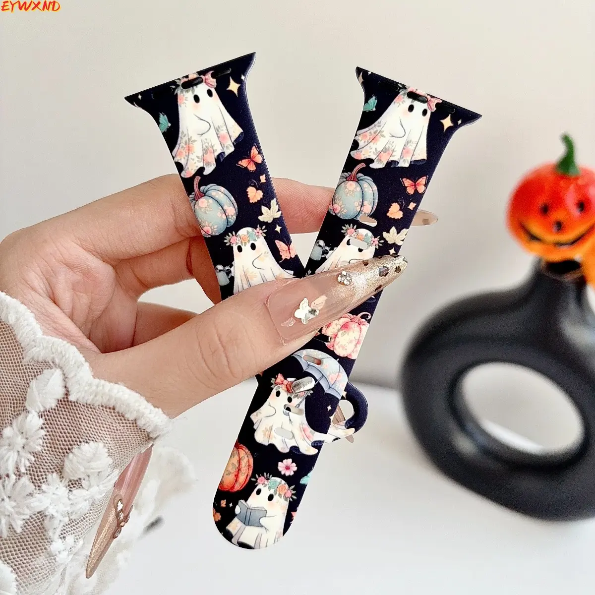 EYWXND Cute Floral Ghost Halloween Silicone Watch Band, Spooky Sweet Pumpkin Butterfly Print Replacement Strap for Apple Watch 38mm 40mm 41mm 42mm 44mm 45mm 49mm 46mm S10 S11, Soft Sport Wristband for Women Girls