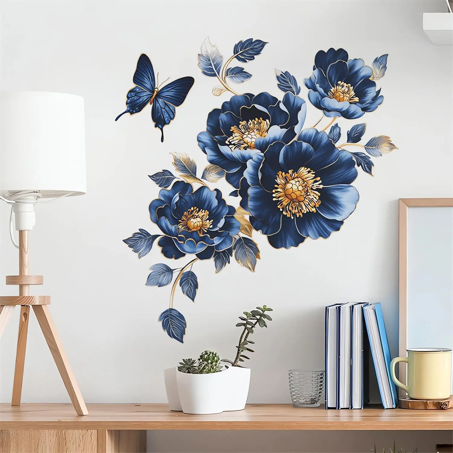 Gorgeous Blue Peony Wall Stickers Butterfly  Floral Wall  | Peonies Rose Flower Art Removable Vinyl Peel and Stick for Bedroom Study Room Bathroom  Decor