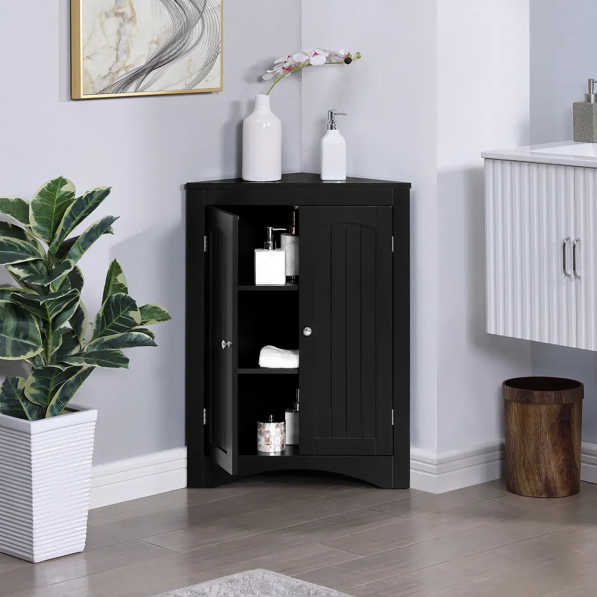 Free-Standing Corner Cabinet with Doors and Shelves - Indoor Storage Cupboard for Bathroom, Kitchen Living Room Furniture