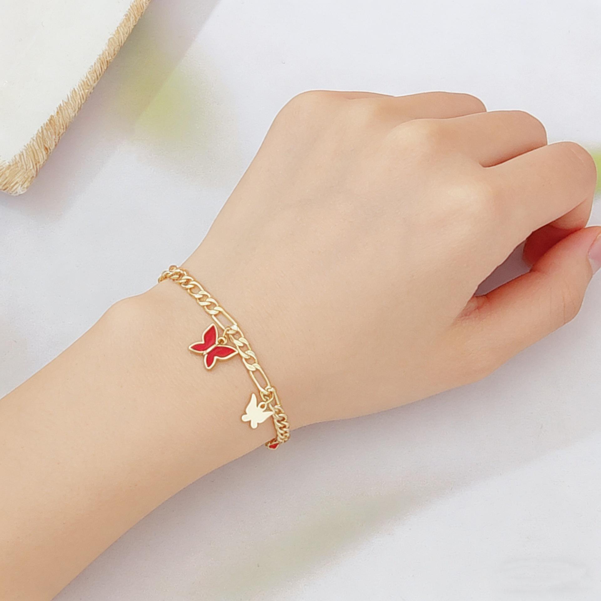 Korean Style Minimalist Luxury Bracelet For Women Red Enamel Butterfly Pendant Elegant Daily Wear Jewelry