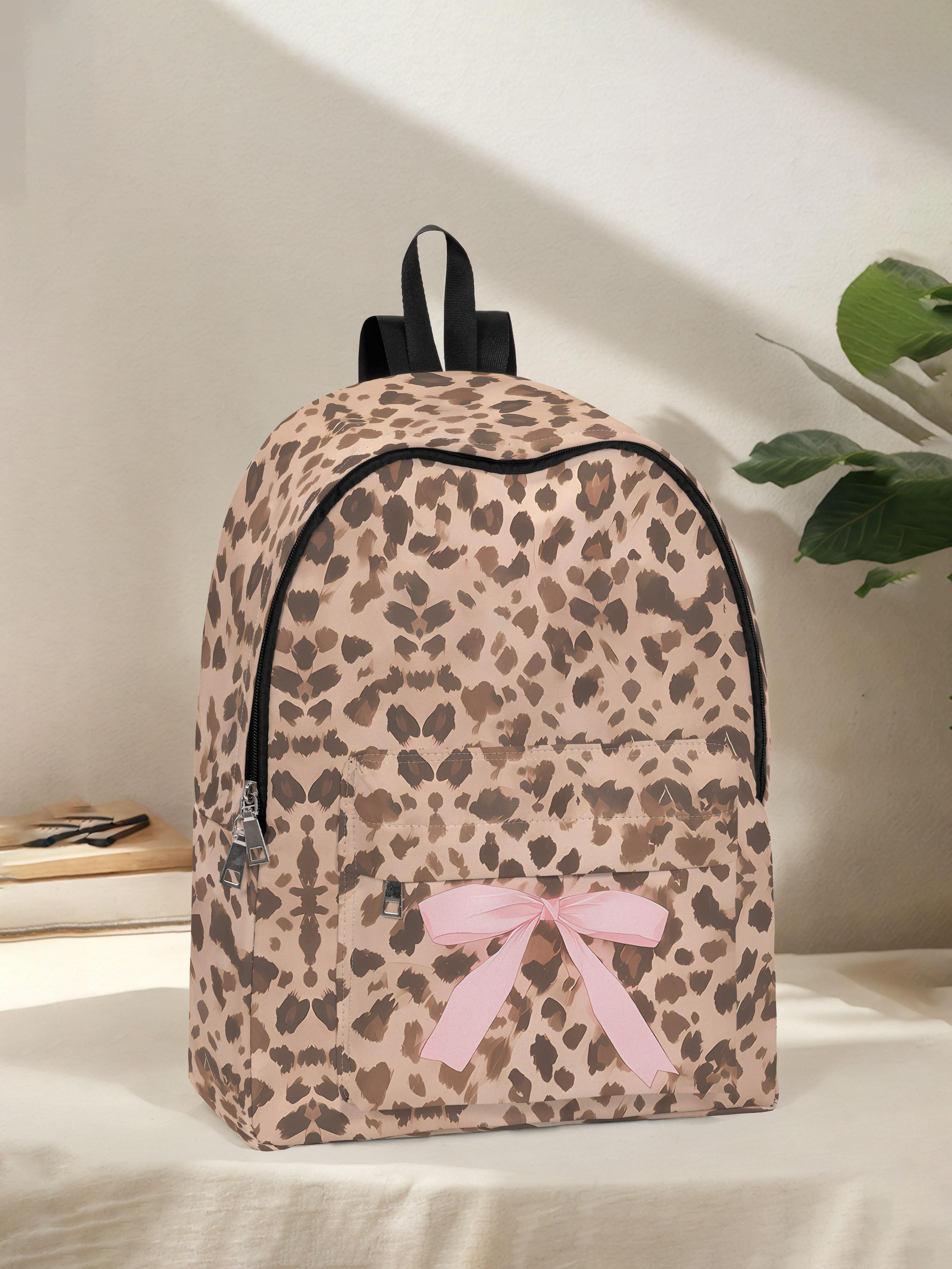Leopard Print Bow Backpack with Fun Design, Spacious Storage for School Travel and Daily Use, Casual Style for All Seasons, Casual Printed Backpack