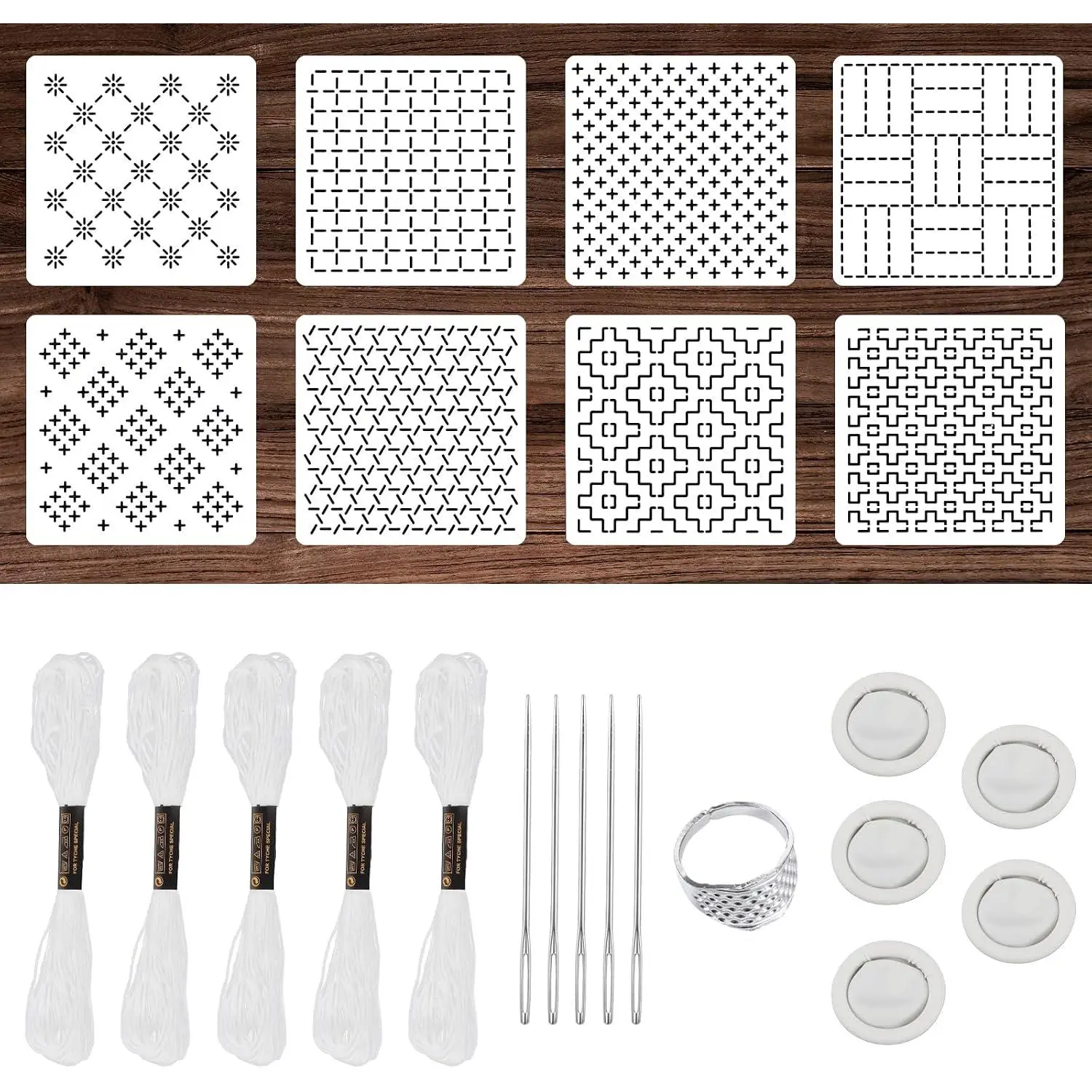 Portable Sashiko Stencil Kit (24-Count), Includes Sashiko Thread, Thimble, Finger Cots & 4.7x4.7in Geometric Embroidery Templates for Hand Quilting, Sewing, Mending Crafts (Ideal for Traveling, Class)