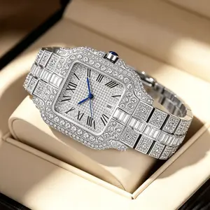 Luxury Silver Square Diamond Watch for Men/Women – Fully Iced Out Rhinestone Stainless Steel Bracelet Watch, Roman Numeral Dial, Blue Hands, Fashion Dress Luxury Wristwatch
