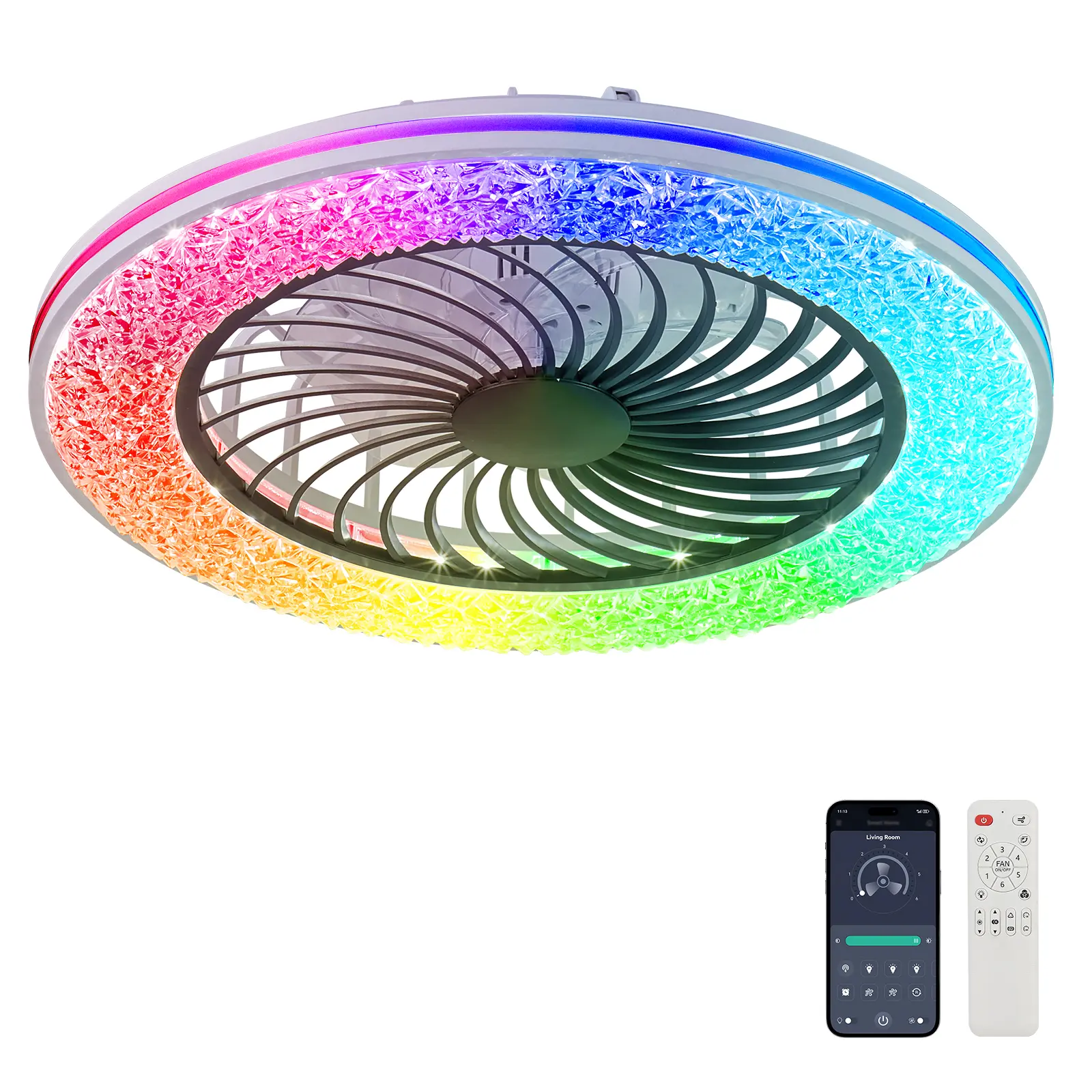 ARCH 23 Inch LED Enclosed Ceiling Fan with Lights, RGB Bladeless Modern Low Profile Ceiling Fan, 6 Speeds Reversible Motor, Black Iron Finish, for Living Room Bedroom Home Office, 22.8x22.8x6.3 in, Black Color Options, Iron Material