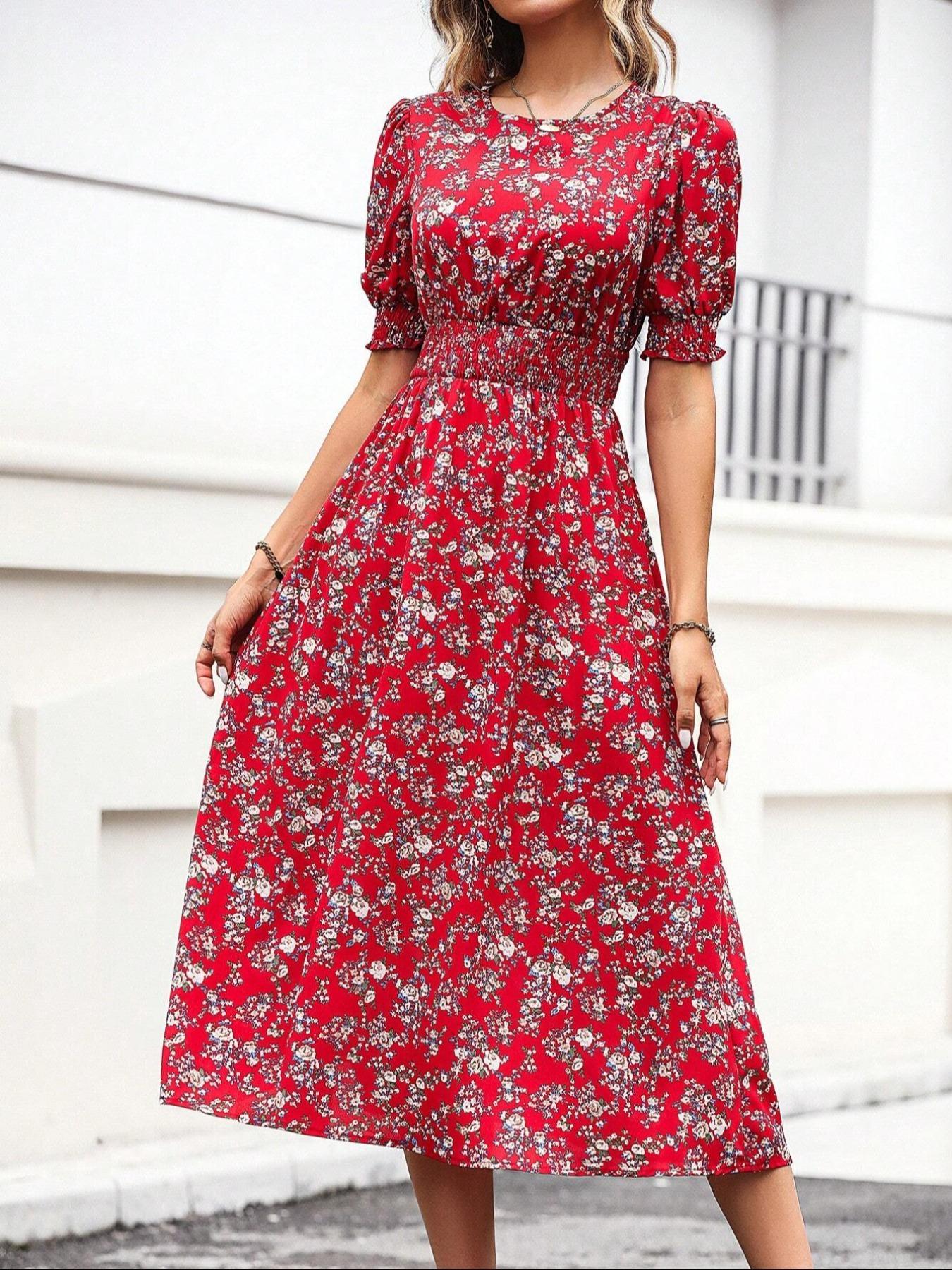 Women's Floral Print Bubble Hem Dress, Round Neck Waist Cinched Design, Boho Style Midi Skirt, Fitted Short Sleeve, All Seasons