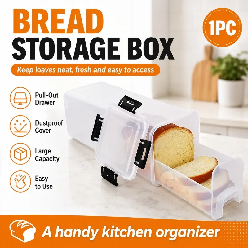 1PC Bread Storage Box with Pull-Out Drawer, Clear Plastic Bread Keeper Container, Plastic Containers, Dustproof Loaf Organizer, Large Capacity Kitchen Pantry Storage Countertop Food Storage Box