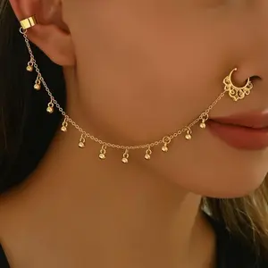 Women's Traditional Indian Non-Plated Nose Chain Piercing Jewelry - Sporty Protective Gear Compatible Face Accessory for Wedding, Festival Wear
