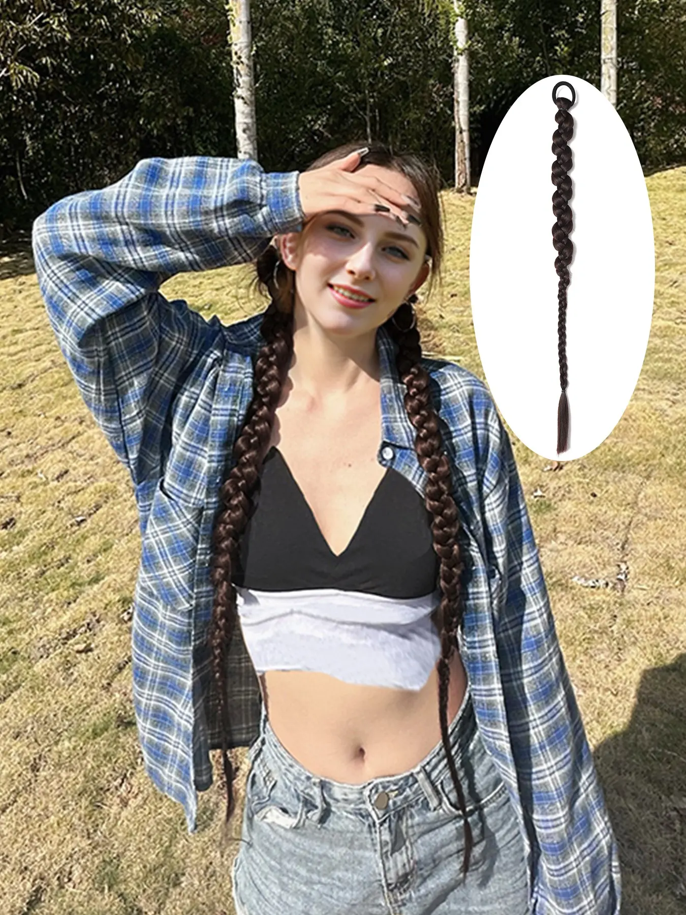 24/28 Inch Medium Brown Yaki Synthetic Braided Ponytail Extension with Elastic Hair Tie, Heat Resistant Thick Long Twist Braid Ponytail Hairpiece, Easy Install Natural Looking Single Braids for Women Daily Costume Cosplay
