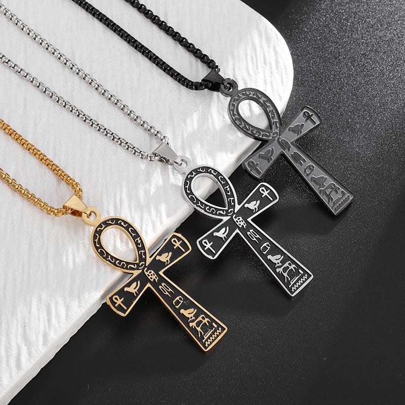 FLORIDECO Egyptian Stainless Steel Ankh Cross Necklace - 24IN Steel Necklace for Christmas/Father's Day in Black/Gold/Silver Trendy Jewelry Cuban Link Chain Cuban Link Design