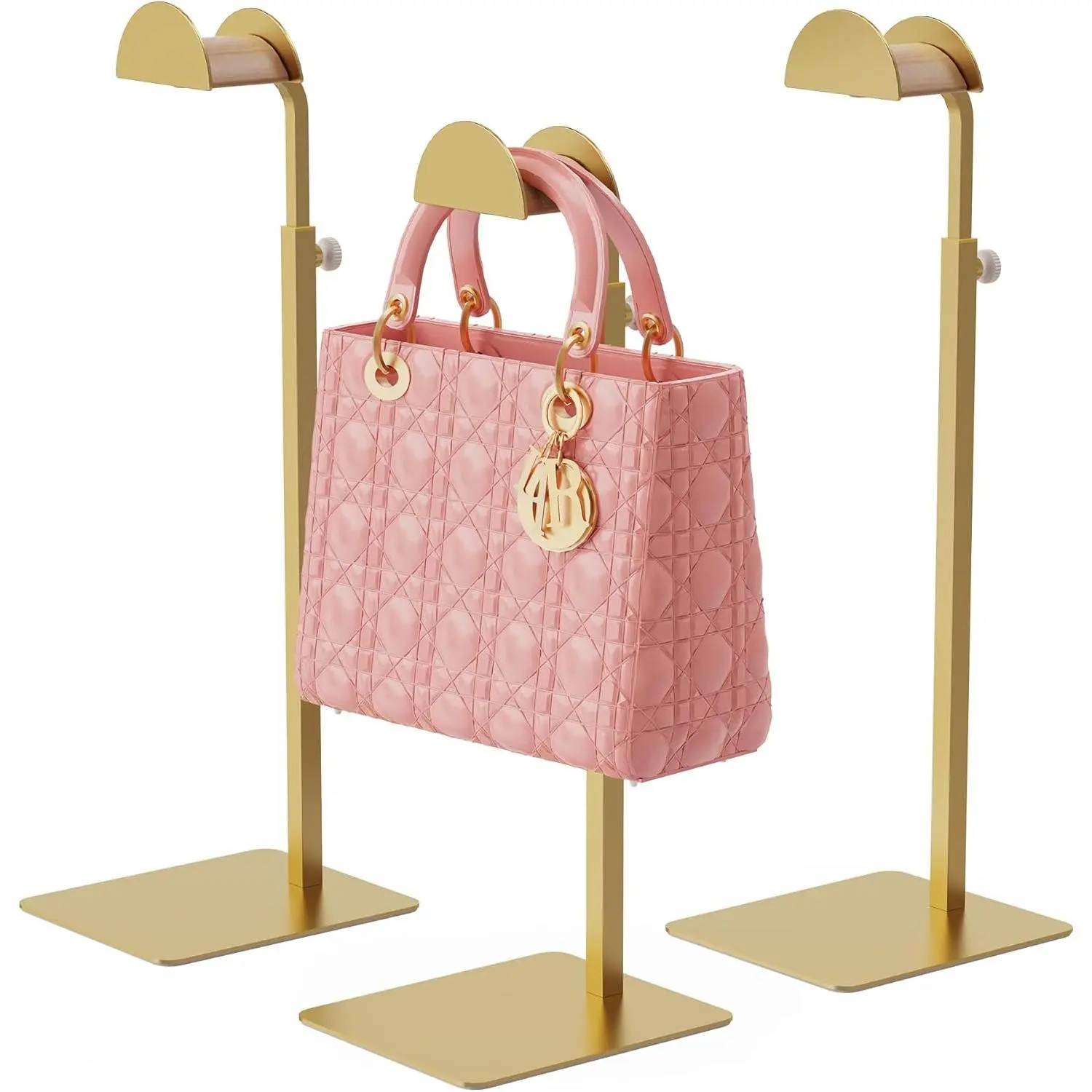 3-Pack Adjustable Height Purse Display Organiser Stand, 14.27-24in Stainless Steel Handbag Stand with Wood Hook for Closet, Vanity Retail Display - Gold, Smooth, Pad