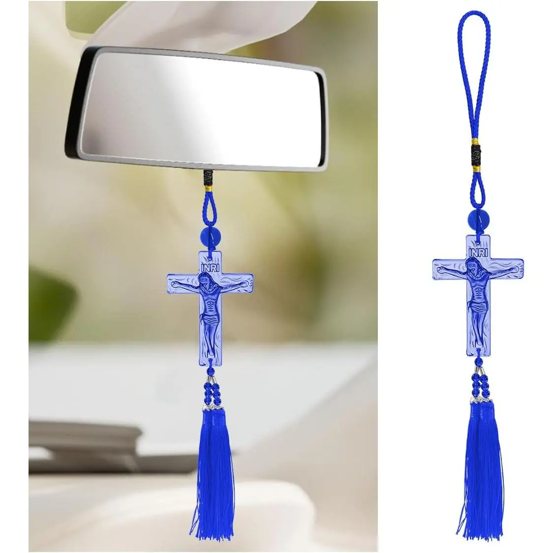 Crucifix   Rear View Mirror , Religious INRI  Pendant  Rearview Mirror  Decoration, Auto Interior Ornament with Tassel for Men Women (Blue)
