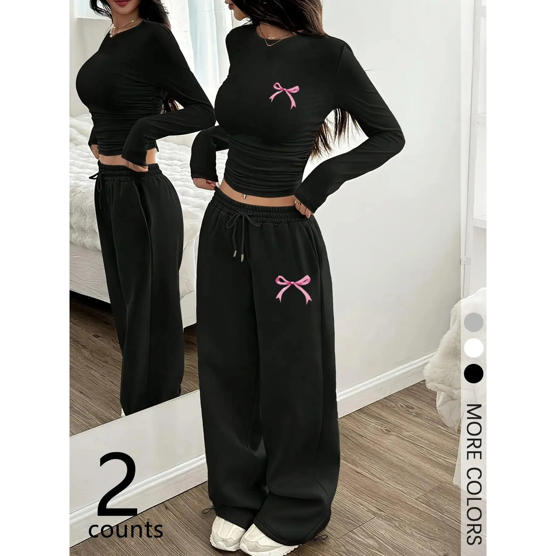 Two-Piece Set Women's Bowknot Print Regular Fit Round Neck T-shirt And Pants, Casual Suit for Fall & Winter, Women's Long Sleeve Suit for Daily Wear