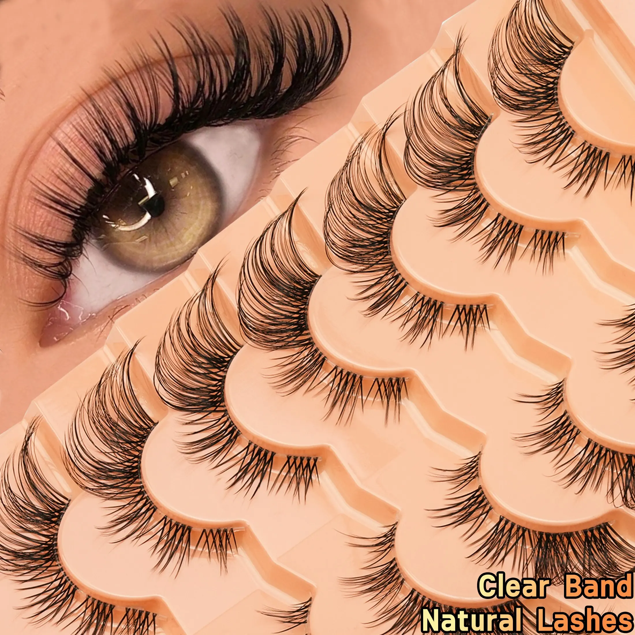7 Pairs Transparent Fox Eye False Lashes, Natural Winged Lashes, Lightweight Invisible Lash Strips, Reusable 3D Fluffy Lashes for Daily Makeup