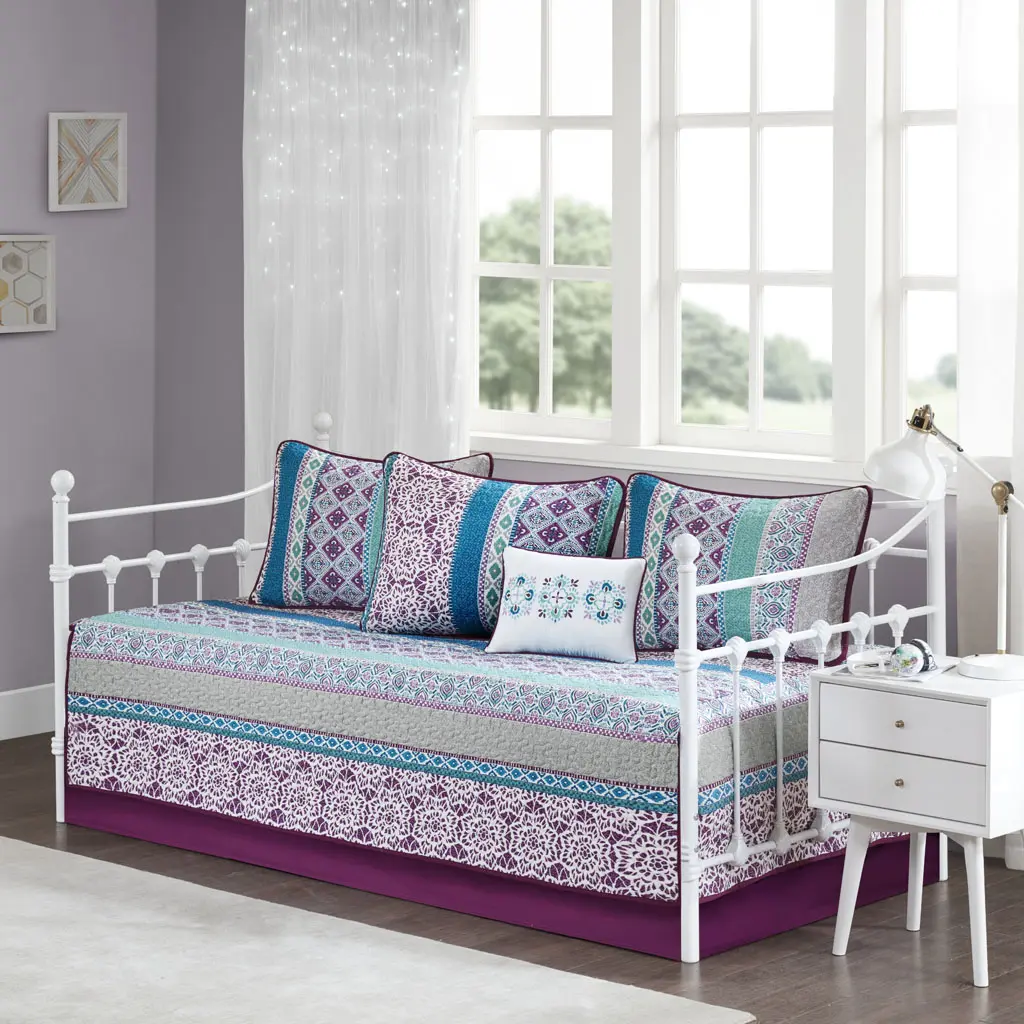 Nokaa Boho Reversible Daybed Set 6 Piece with Trundle, Twin Size Cotton Daybed Cover, Global Inspired Print, Oeko-Tex Certified, Antimicrobial, Machine Washable, Multi-Functional Sofa Bed for Living Room Guest Room Home Office