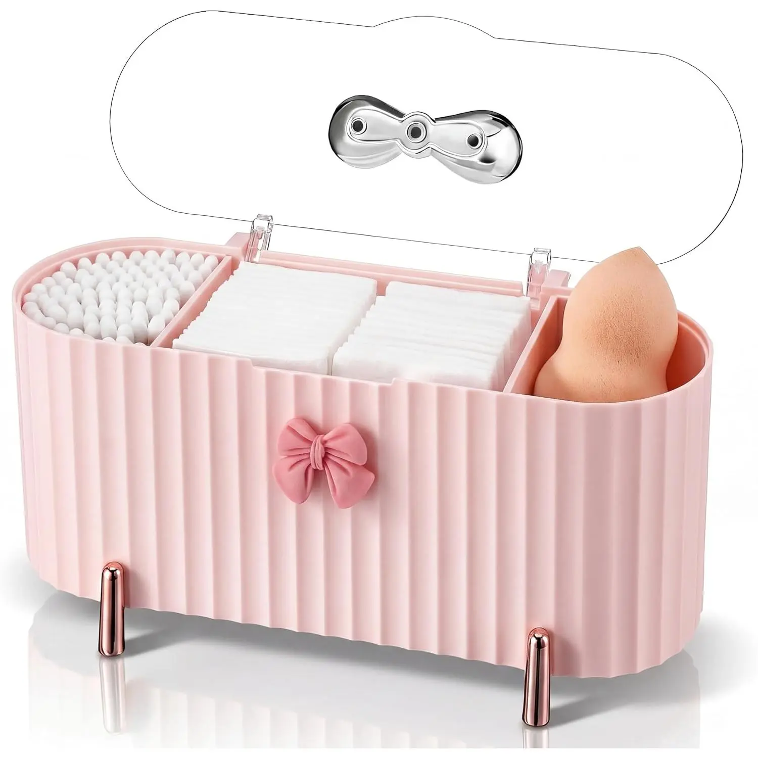 Hushee Coquette Makeup Organizer 3 Compartment Cotton Pad Compatible with Qtip Holder Dispenser with Bow Cute Ribbed Vanity Storage Box with Clear Lid and Silver Handle for Bathroom Countertop (Pink)