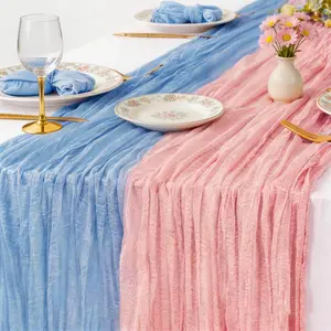 JarThenaAMCS 2 Pcs Pink Blue Cheesecloth Table Runner Boho Baby Shower Gauze Cheese Cloths Table Cover Kitchen Dining Tables Decoration for Wedding Gender Reveal Party, 35.4 x 118.1 Inch