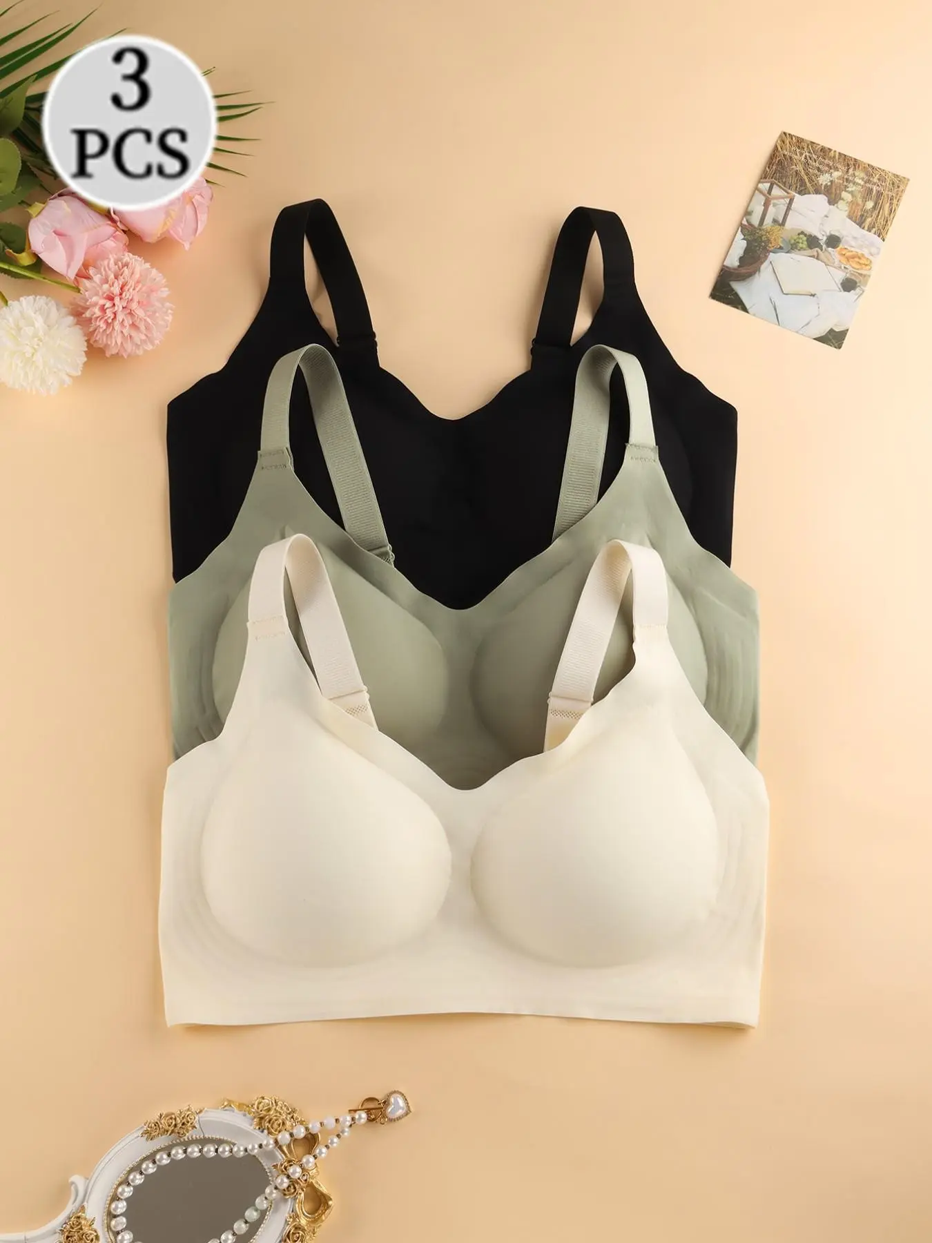 3 Pack Plus Size Women's Wireless Bra, Seamless Lift Bralette, Adjustable Strap Brallete, Jelly Strip Support Lift Anti-Sagging Side Breast Control, Adjustable Straps Full Figure Comfort Bra for Yoga Daily Commute Occasions