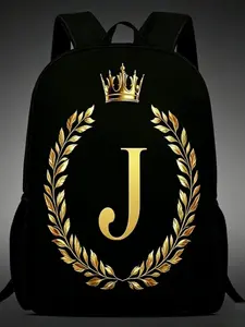 Personalized J Letter Backpack, Gold Crown Osmanthus Garland 2D Print, Unisex Casual Daily Use Shoulder Bag, Stylish and Functional