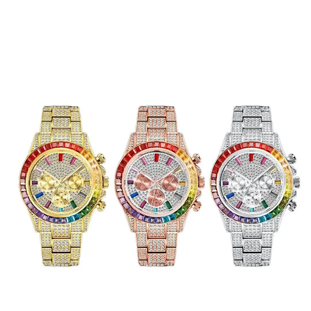 New model rainbow diamond gold-tone men's watch, quartz watch, stainless steel round men's watch. Fashionable Wristwatch, Waterproof Wristwatch, everyday jewelry, party accessory, iced out jewelry, fashion jewelry, boho style jewelry