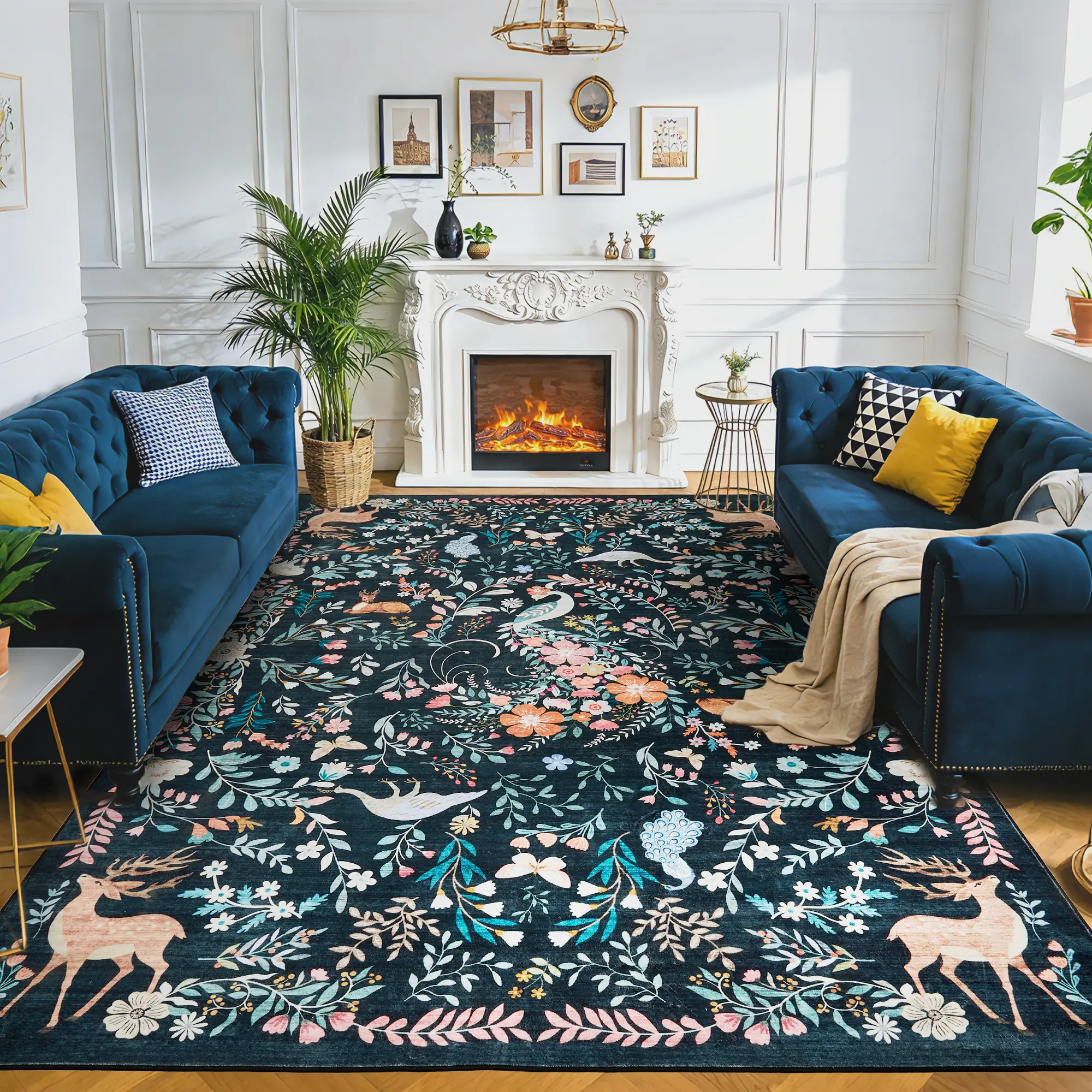 Large Washable Area Rug Non Slip Foldable Deer Forest Rug Soft Pearl Velvet Carpet for Living Room Bedroom Beige 9 by 12 ft