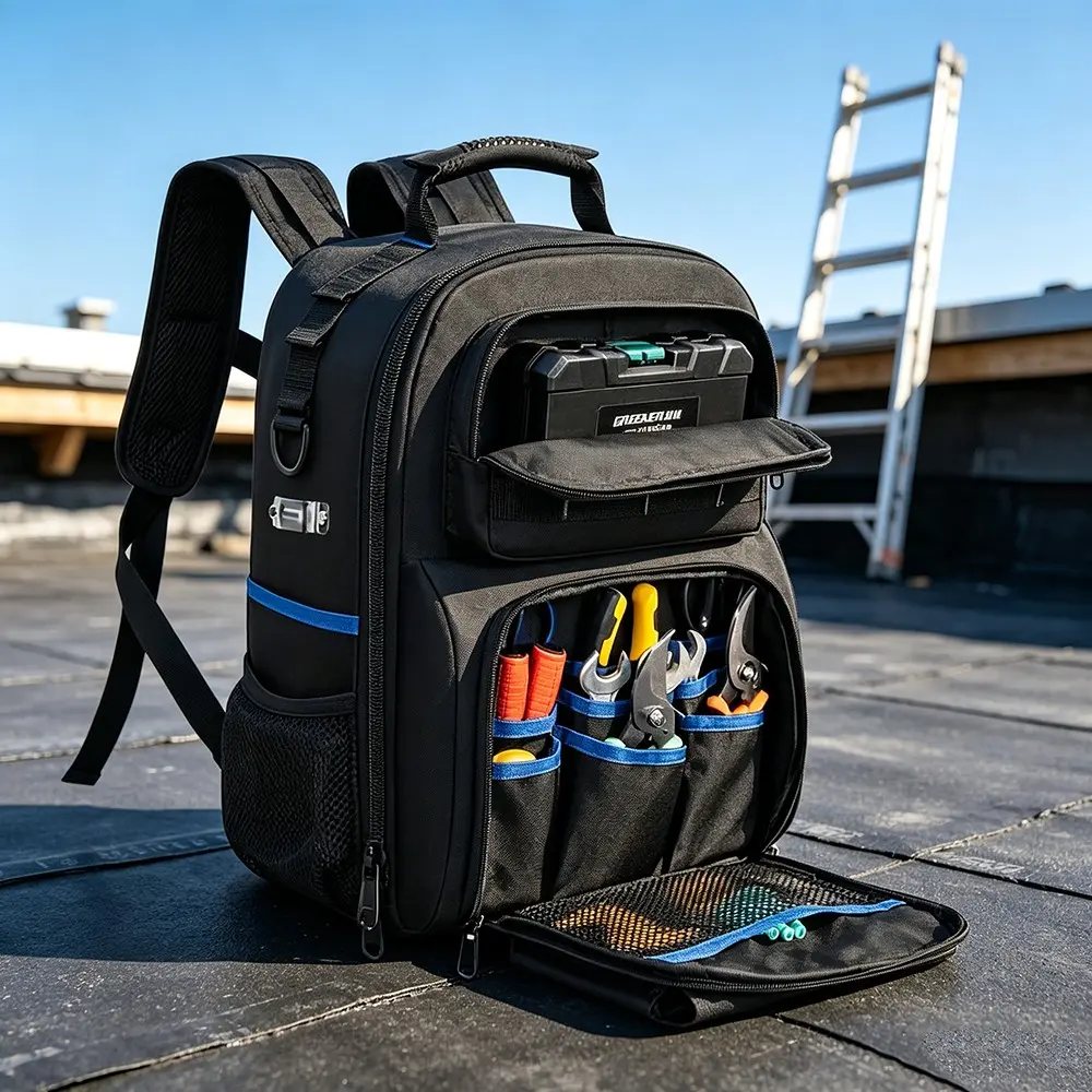 Tool Backpack, Thick Shoulder Straps, Detachable Tool Pockets, Waterproof Work Bag, Ideal for Electricians