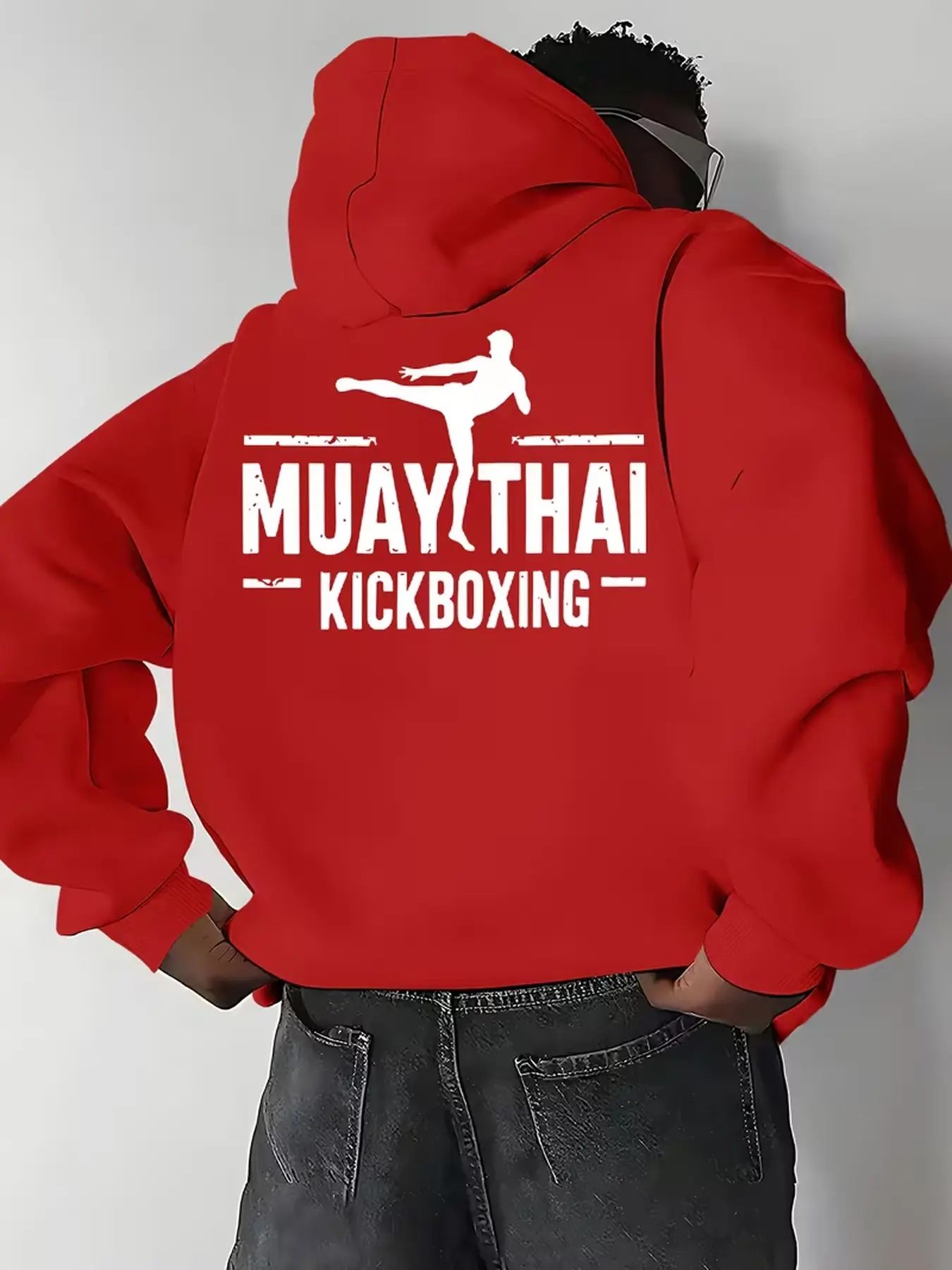 Men's versatile casual pullover hoodie with trendy Muay Thai kickboxing graphic print, suitable for home leisure and outdoor daily wear.