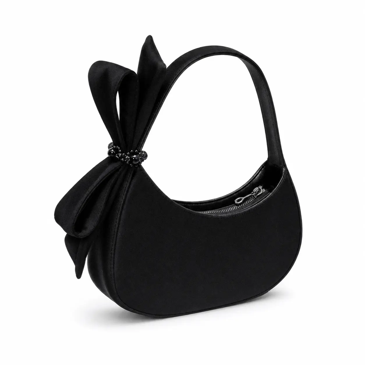 Cozy Plush Bow Knot Crescent Bag Medium Soft Underarm Crossbody Handbag For Women Daily Wear Trendy 2026 Fresh Sweet Style With Zipper Shoulder Strap Versatile Black