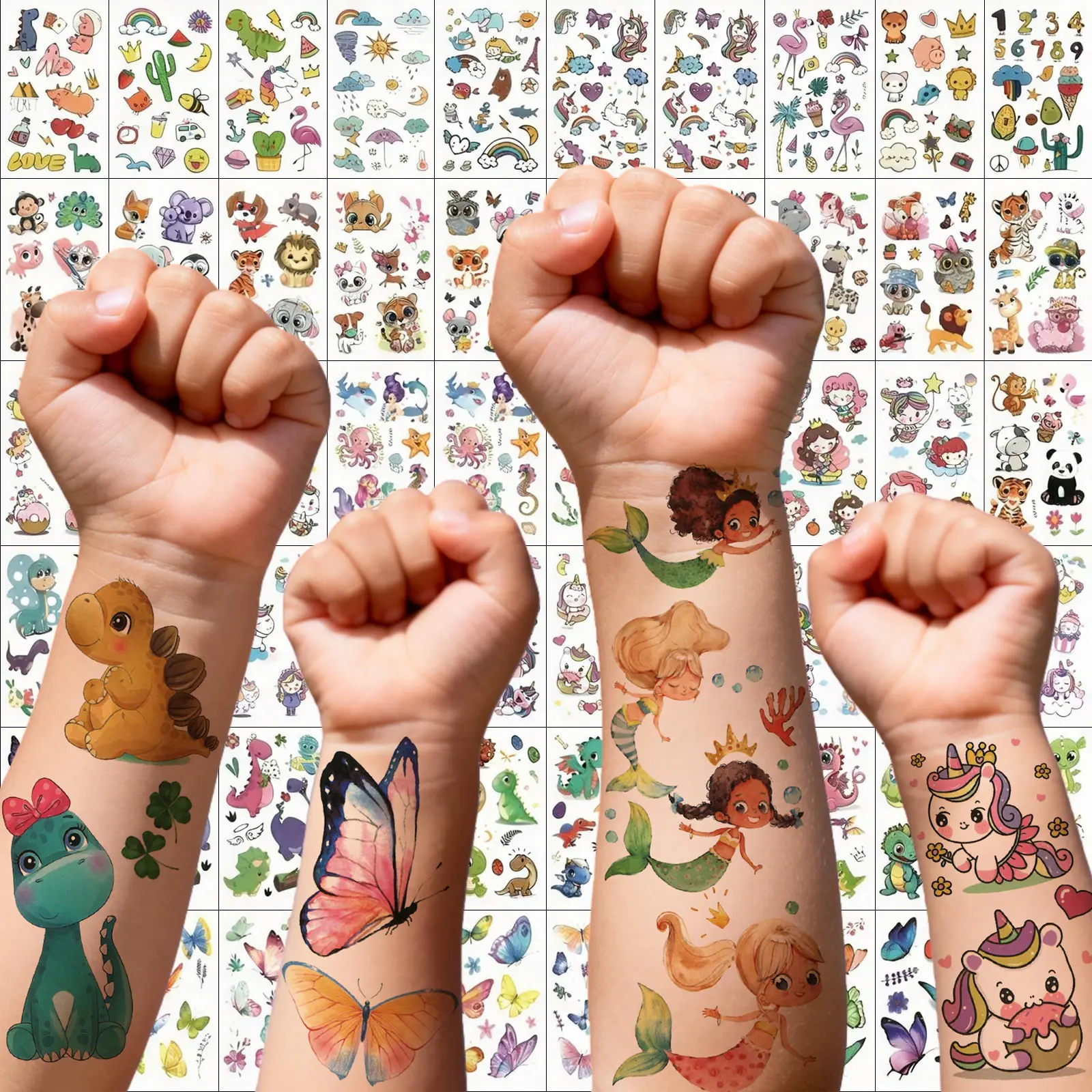 60 Sheets 500+ Patterns Cartoon Temporary Tattoos for Girls Boys Arm Hands Neck Groovy Cute Mermaid Unicorn Dinosaur Butterfly Temp Fake Tattoo Stickers Tiny Small Parts Party Decorations Animals Summer Style Tattoos