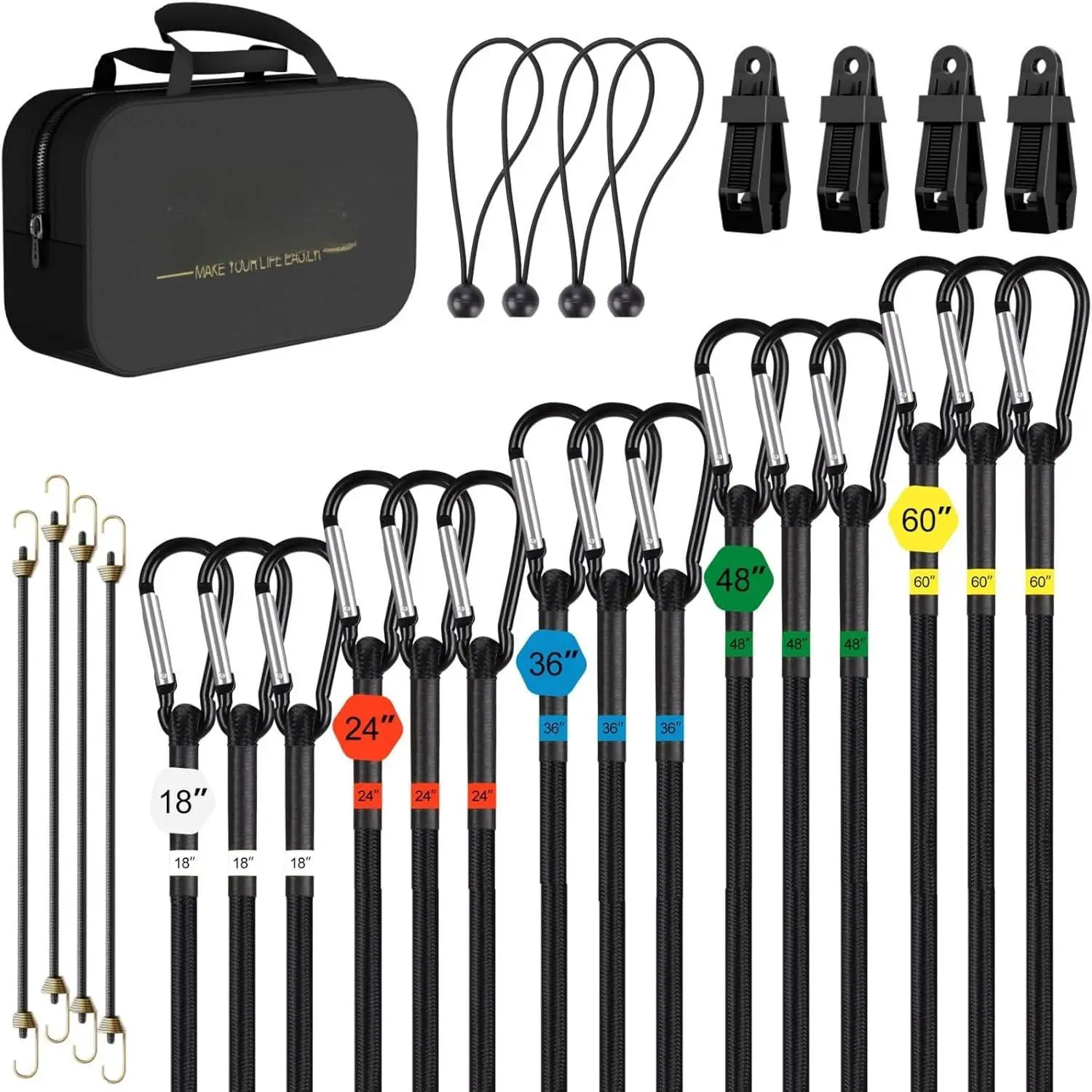 Bungee Cords Set 28 count Heavy Duty Outdoor Roll Bungie Cord Bundle with Carabiner Hooks 10" 18" 24" 36" 48" 60" Black Bungee Straps Ball Bungee Cords and Tent Clip (28Pcs-Black)