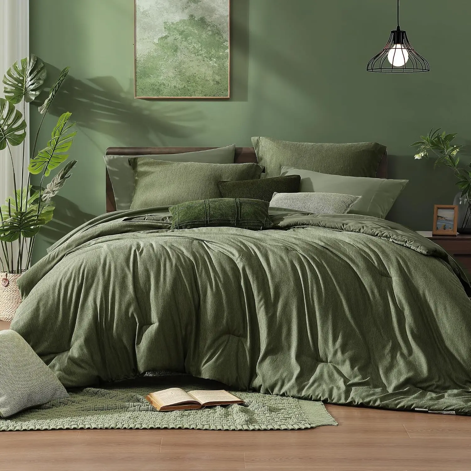Full Size Comforter Set, Olive Green Bedding Comforter for Full Size Bed Set Reversible, Bedding Sets Full 7 Pieces, Cationic Dyeing Bed in a Bag with Comforter, Sheets, Pillowcases & Shams