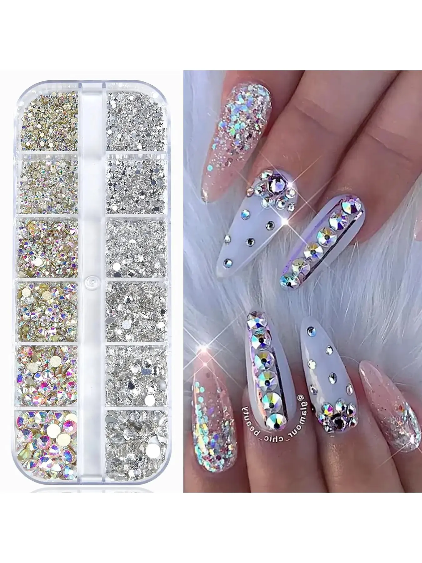 12 Grid Nail Rhinestones Set DIY Rhinestone 15mm to 4mm 3D Nail Art Glass Crystals Clear Nail Stones Flatback Charms Multi Shape Nail Diamonds, Nail Decoration Supplies, Rhinestone Decoration, for Nail Art Decorations